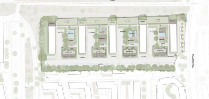 Kamhusene i Valby skal fortættes med 80 nye boliger. Situationsplan, der viser et eksempel på nybyggeri. Eksisterende bebyggelse er markeret med hvide felter, og ny bebyggelse er markeret med grønne felter. Illustration: Mangor & Nagel Arkitekter.