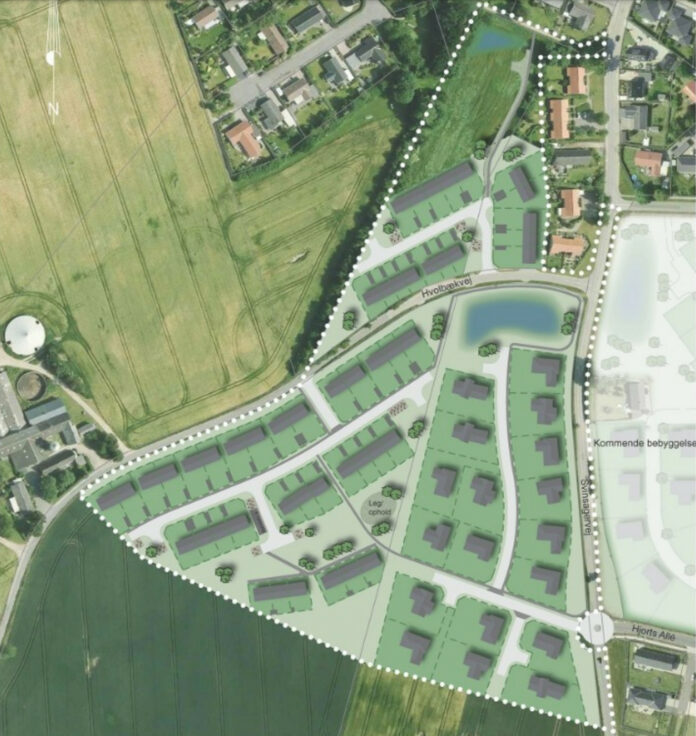 Ny lokalplan for et areal ved Hvolbækvej og Svinsagervej i Virring øst for Skanderborg skal bane vejen for nye parcelhuse og rækkehuse. Illustration fra lokalplanforslaget.