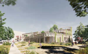 Christensen & Co Arkitekter står bag Child Center Cartesius i Utrecht i Holland. Projektet skal rumme en folkeskole, daginstitution og idrætshal. Visualisering: Christensen & Co Arkitekter.