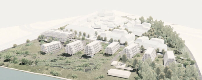 På Brotoften, der udgør en del af første etape af Flodbyen Randers, er der ønske om at opføre cirka 250 boliger. Illustration: Randers Kommune.