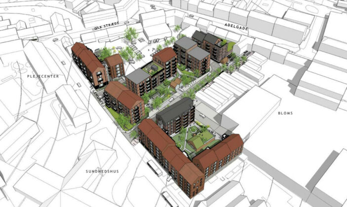 Damgaard Ejendomme, Skg. A/S og Nordstern st&aring;r i samarbejde med Pluskontoret Arkitekter bag projektet Kirkegaards Baghave midt i Skanderborg. Visualisering: Pluskontoret Arkitekter.