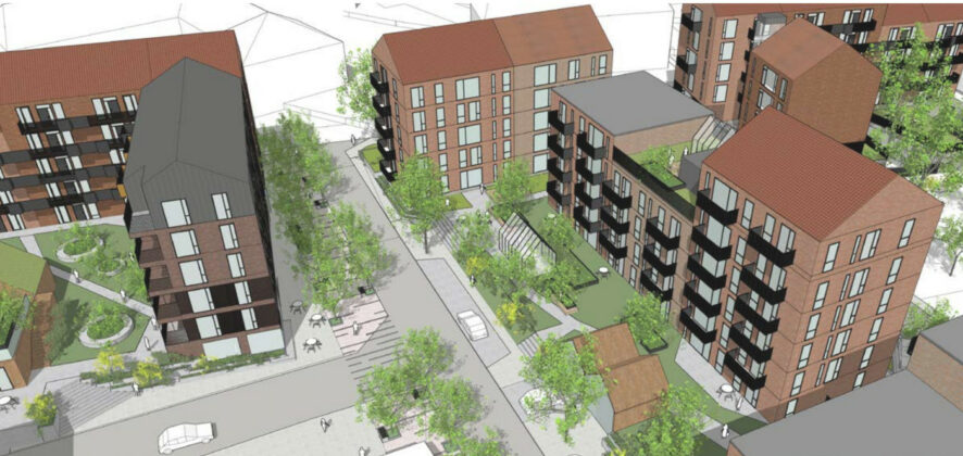 Damgaard Ejendomme, Skg. A/S og Nordstern st&aring;r i samarbejde med Pluskontoret Arkitekter bag projektet Kirkegaards Baghave midt i Skanderborg. Visualisering: Pluskontoret Arkitekter.