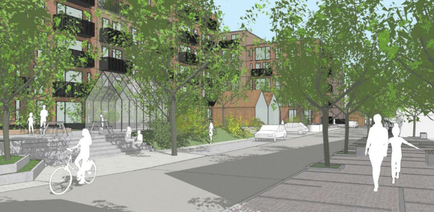 Damgaard Ejendomme, Skg. A/S og Nordstern st&aring;r i samarbejde med Pluskontoret Arkitekter bag projektet Kirkegaards Baghave midt i Skanderborg. Visualisering: Pluskontoret Arkitekter.