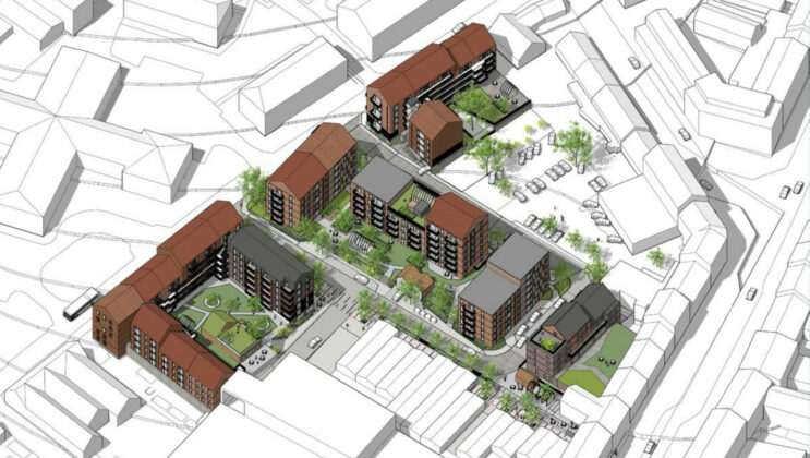 Damgaard Ejendomme, Skg. A/S og Nordstern st&aring;r i samarbejde med Pluskontoret Arkitekter bag projektet Kirkegaards Baghave midt i Skanderborg. Visualisering: Pluskontoret Arkitekter.