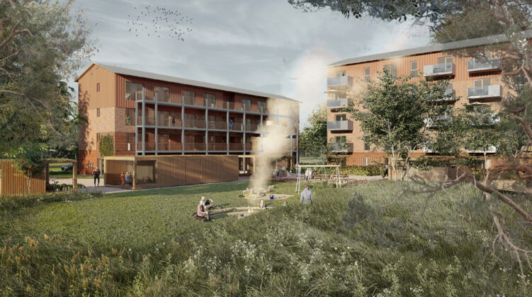 Byggefirmaet Knudsgaard skal bygge 48 boliger for Boligselskabet Holstebro på Slagterigrunden. Visualisering: Erik Arkitekter.