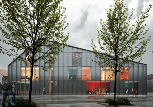 Hjørring Musiske Skole skal opføres på Teaterpladsen i Hjørring midtby. Visualisering: Cobe.