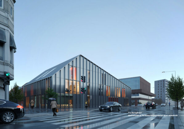 Hjørring Musiske Skole skal opføres på Teaterpladsen i Hjørring midtby. Visualisering: Cobe.