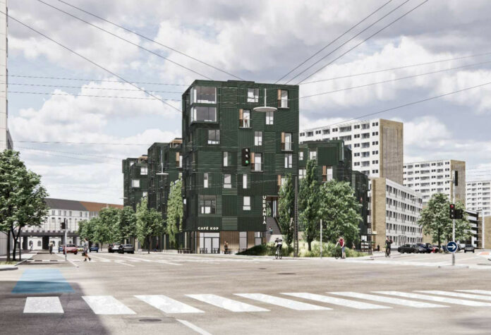 Urbania CPH har i samarbejde med AKB København og KAB udviklet projektet med et alment bofællesskab på hjørnet af Lundtoftegade og Borups Allé. Visualisering: Cobe Architects.