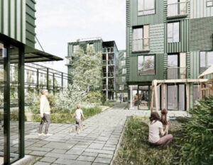 Urbania CPH har i samarbejde med AKB København og KAB udviklet projektet med et alment bofællesskab på hjørnet af Lundtoftegade og Borups Allé. Visualisering: Cobe Architects.