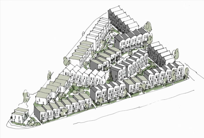 5E Byg skal i totalentreprise bygge 75 rækkehuse for AP Pension på grunden, hvor Hejredalskollegiet lå. Visualisering: Arkitema.