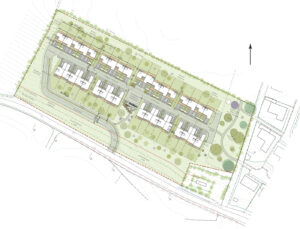 Boligprojekt med 36 rækkehuse ved Høgsholtvej i Hover ved Vejle. Visualisering: Rum.