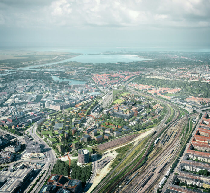 DSB Ejendomsudvikling, Novo Holdings, Industriens Pension og NREP udvikler Jernbanebyen i København. Visualisering: Cobe.