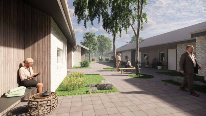 BoligKorsør står bag yt, alment seniorbofællesskab med 24 seniorboliger i Korsør Bypark. Visualisering: Pluskontoret Arkitekter.