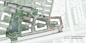 A. Enggaard vil bygge 270 boliger i området Bindeleddet ved Vridsløse Statsfængsel i Albertslund. Illustration: Albertslund Kommune.