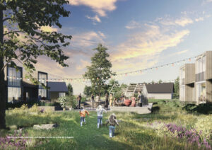Helhedsplanen for et nyt boligområde med både rækkehuse, punkthus og parcelhuse i Nyborg Vest er godkendt. Visualisering: Lytt Architecture.