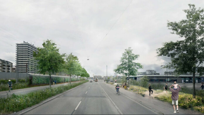 Kalkbrænderihavnsgade adskiller Nordhavn og Østerbro. Gaden er en grå fornøjelse, der skal gøres grøn. Illustration Cobe.
