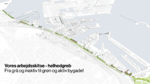 Kalkbrænderihavnsgade adskiller Nordhavn og Østerbro. Gaden er en grå fornøjelse, der skal gøres grøn. Illustration Cobe.