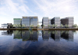 Krone Vinduer leverer over 100 limede glashjørner, mens Velfac leverer de øvrige vinduer til AP Pensions og Nykredits domicil i København. Visualisering: PLH Arkitekter.