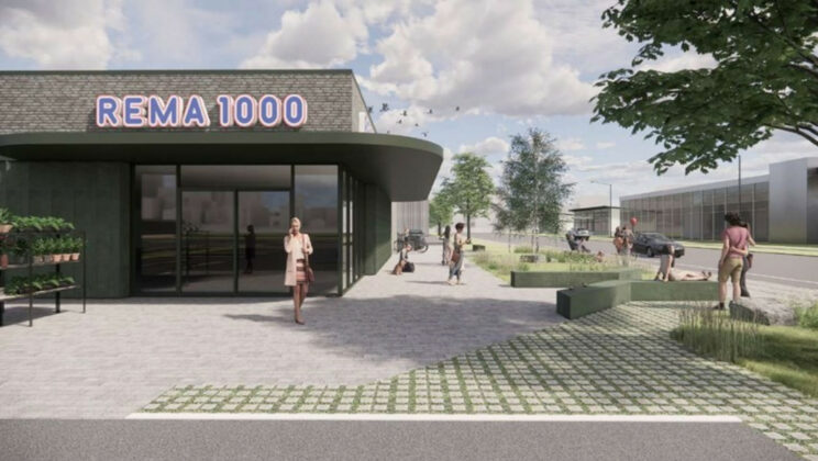 Rema 1000 vil bygge en ny dagligvarebutik på Ny Kærvej i Kærby i Aalborg. Visualisering: Krabbe Vang Arkitekter.