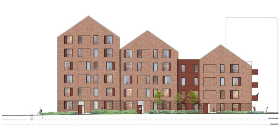 Udsnit af facaden på etageboligbebyggelsen ud mod Trille Lucassens Gade. Illustration fra lokalplanen.