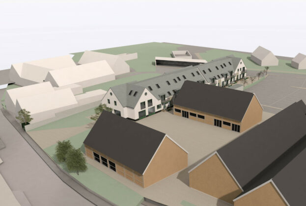 Plan for boliger og butik på Akacietorvet i Farum i høring. Visualisering: Ingvartsen Arkitekter.