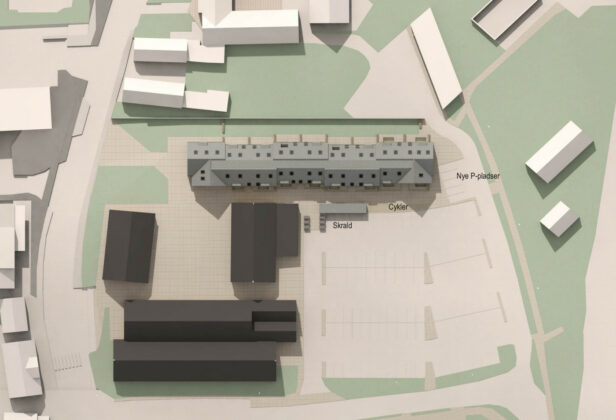 Plan for boliger og butik på Akacietorvet i Farum i høring. Visualisering: Ingvartsen Arkitekter.