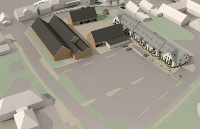 Plan for boliger og butik på Akacietorvet i Farum i høring. Visualisering: Ingvartsen Arkitekter.