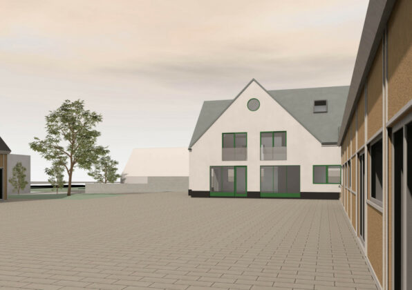 Plan for boliger og butik på Akacietorvet i Farum i høring. Visualisering: Ingvartsen Arkitekter.