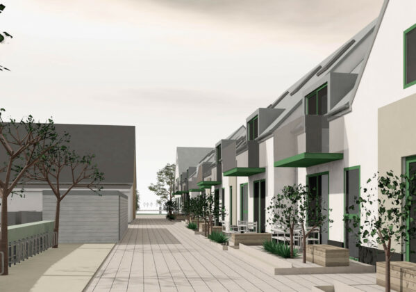 Plan for boliger og butik på Akacietorvet i Farum i høring. Visualisering: Ingvartsen Arkitekter.