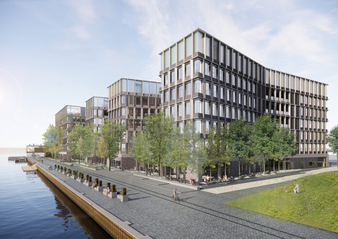 Det kommende domicil til AP Pension og Nykredit opføres på Svanemølleholm i Københavns Nordhavn. Visualisering: PLH Arkitekter.