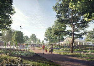 Udviklingsplan for Vejlby Vest i Aarhus skal bane vejen for både nye almene træboliger samt private boliger, et bofællesskab og en park. Visualisering: Aarhus Kommune / Gründl Haahr Arkitekter.