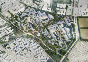 Udviklingsplan for Vejlby Vest i Aarhus skal bane vejen for både nye almene træboliger samt private boliger, et bofællesskab og en park. Visualisering: Aarhus Kommune / Gründl Haahr Arkitekter.