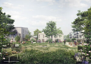 Udviklingsplan for Vejlby Vest i Aarhus skal bane vejen for både nye almene træboliger samt private boliger, et bofællesskab og en park. Visualisering: Aarhus Kommune / Gründl Haahr Arkitekter.