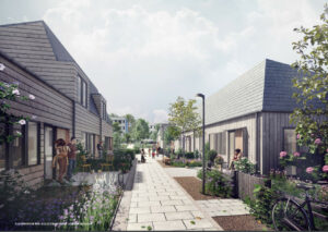 Udviklingsplan for Vejlby Vest i Aarhus skal bane vejen for både nye almene træboliger samt private boliger, et bofællesskab og en park. Visualisering: Aarhus Kommune / Gründl Haahr Arkitekter.