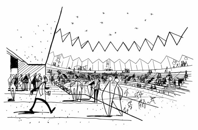 Forslaget til et nyt stadion i Hillerød fra Werk Arkitekter, Werner Sobek og Viatrafik. Visualisering: MIR.