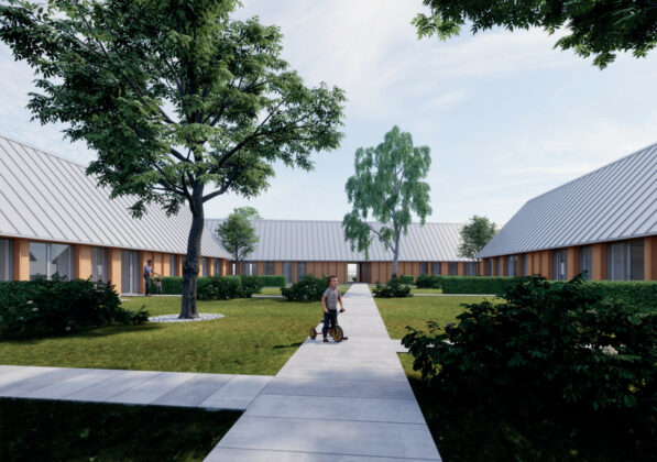Domi Bolig vil bygge boliger ved den tidligere skole på Tunø til almene boliger. Visualisering: KAARK.