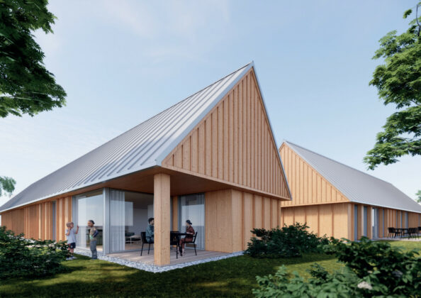 Domi Bolig vil bygge boliger ved den tidligere skole på Tunø til almene boliger. Visualisering: KAARK.