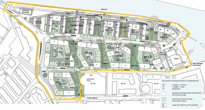 De sidste to etaper på Søndre Havn i Køge omfatter områderne SH5 og SH6, hvor der både skal bygges boliger og erhverv. Illustration: Køge Kyst P/S.