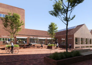 Den nye hovedindgang til The Kitchen 2.0, som får til huse i det tidligere hospitals kedelhus og vaskeri. Visualisering: Aart Architects.