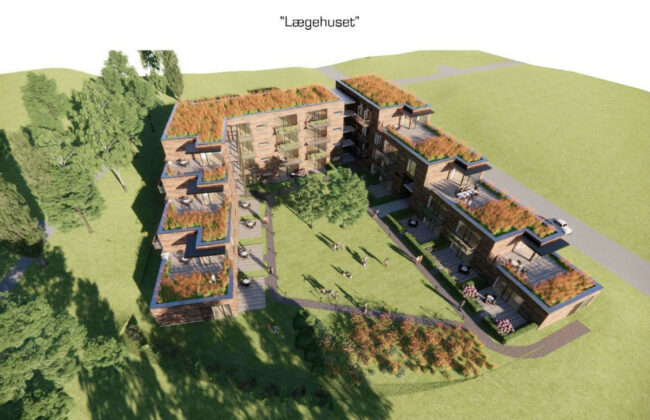 JC Ejendomme vil omdanne det tidligere lægehus på Torvald Køhlsvej i Odder til lejligheder. Visualisering: AP Arkitekter.