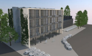 Den eksisterende 3F-bygning i to etager kan udbygges med en taghave/tagterrasse og af en ny bygning, som ønskes opført vest for 3F bygningen. Illustration fra lokalplanen.