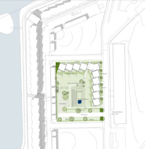 Ny lokalplan skal bane vejen for, at Aalborg Kommune kan sælge en grund ved Egholm Færgevej og Vestre Fjordpark, så der kan bygges boliger. Illustrationsskitse fra lokalplanen.