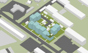 Volumenskitse af projektet, hvor centerbygningen erstattes af 85 nye boliger. Illustration fra lokalplanen.
