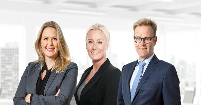 Fra venstre: Helle Andersen, chef for Industri & Logistik, Line Højvang Christiansen, chef for Retail, og Martin Østengaard, chef for Office Leasing hos Colliers i København. Foto: PR.