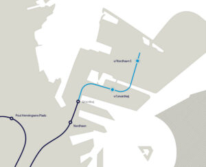 Forligskredsen bag Lynetteholm vil sætte gang i den proces, der skal udvide metrolinje M4 med de to nye metrostationer Levantkaj og Nordhavn C. Illustration: Københavns Kommune.
