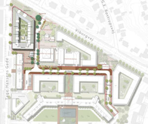 Raundahl og Moesby og Patrizia Denmark transformerer sygeplejeskole på Amtssygehuset i Aarhus til boliger og butikker. Illustrationsplan fra lokalplanen.