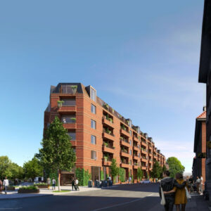 Raundahl og Moesby og Patrizia Denmark transformerer sygeplejeskole på Amtssygehuset i Aarhus til boliger og butikker. Visualisering fra lokalplanen.