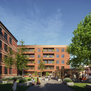 Raundahl og Moesby og Patrizia Denmark transformerer sygeplejeskole på Amtssygehuset i Aarhus til boliger og butikker. Visualisering fra lokalplanen.