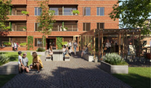 Raundahl og Moesby og Patrizia Denmark transformerer sygeplejeskole på Amtssygehuset i Aarhus til boliger og butikker. Visualisering fra lokalplanen.