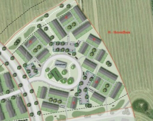 HusCompagniet vil bygge yderligere 94 boliger ved Dyremosegård i Skævinge. Illustration fra lokalplanen.